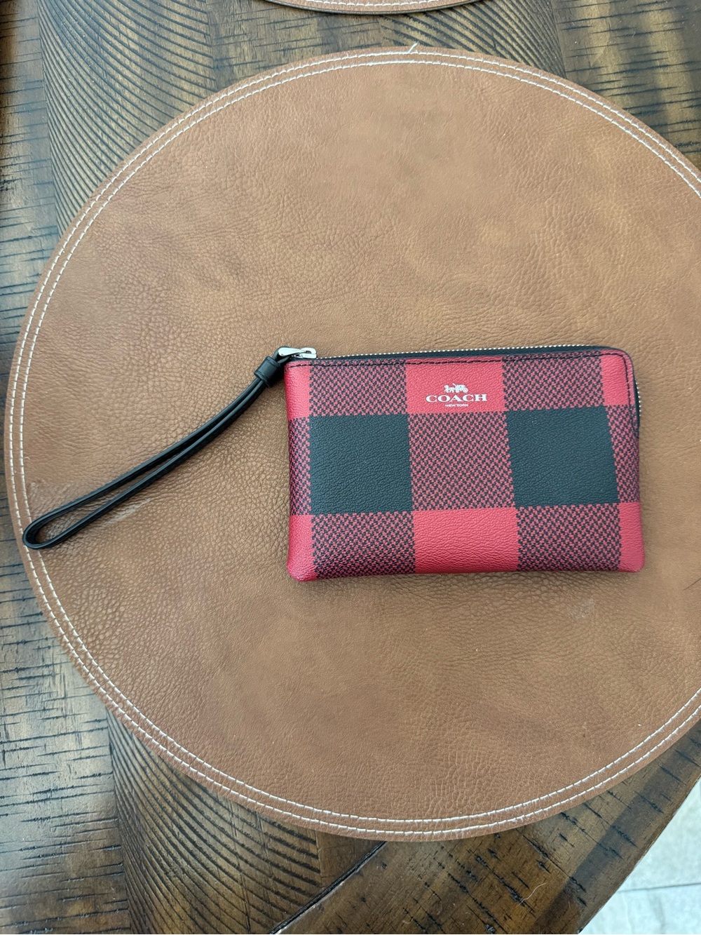Coach Red and Black Plaid Wristlet Pouch with Strap